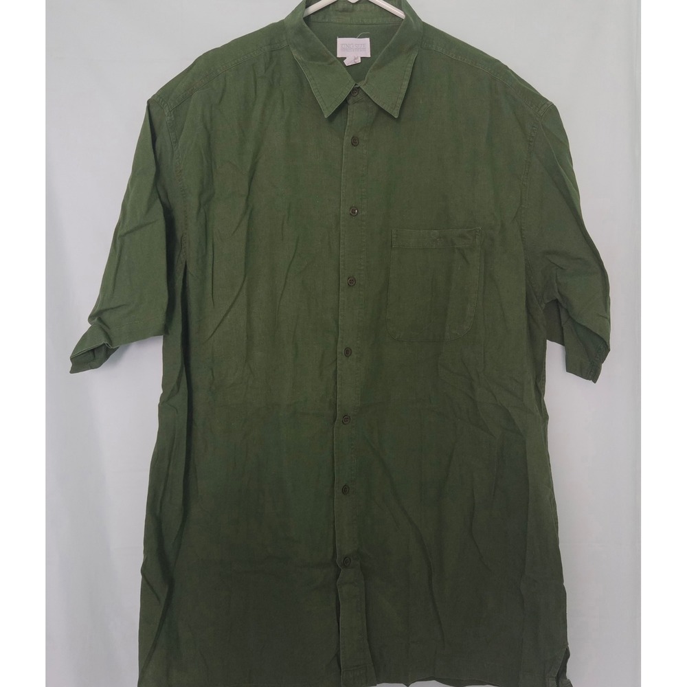 King Size Mens 2XL Tall Olive Green Cotton Linen Short Sleeve Button‎ Down Shirt